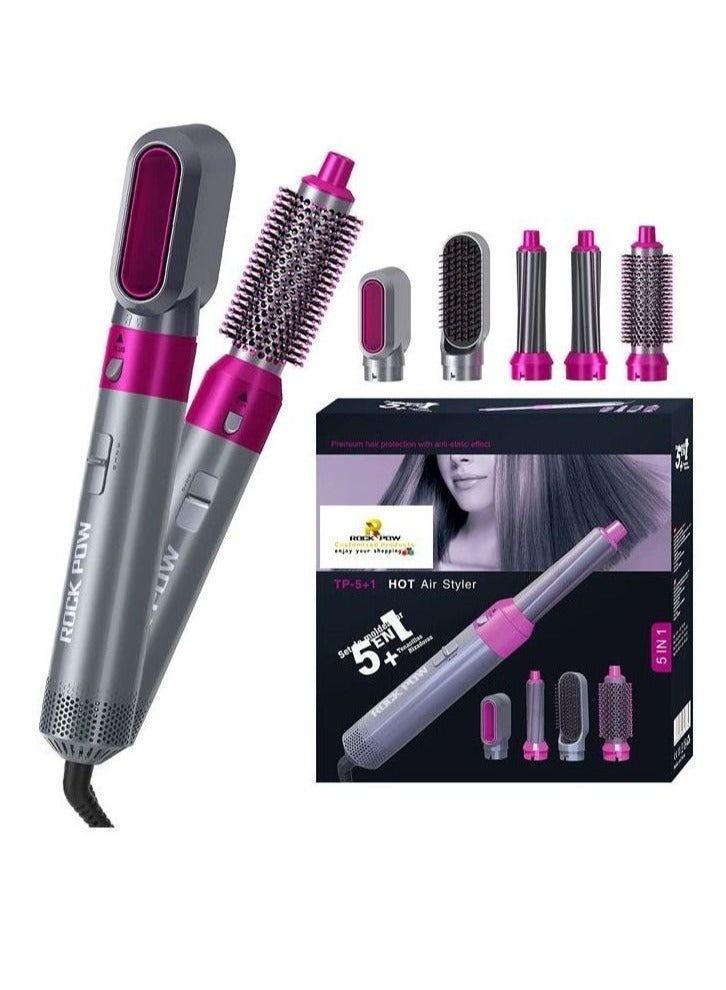 5 in 1 One Step Hair Dryer Brush & Styler Volumizer – Hot Air Blow Dryer with Interchangeable Attachments – Hair Straightener, Curler, Volumizing Comb & Dryer in One – Grey/Pink, for All Hair Types