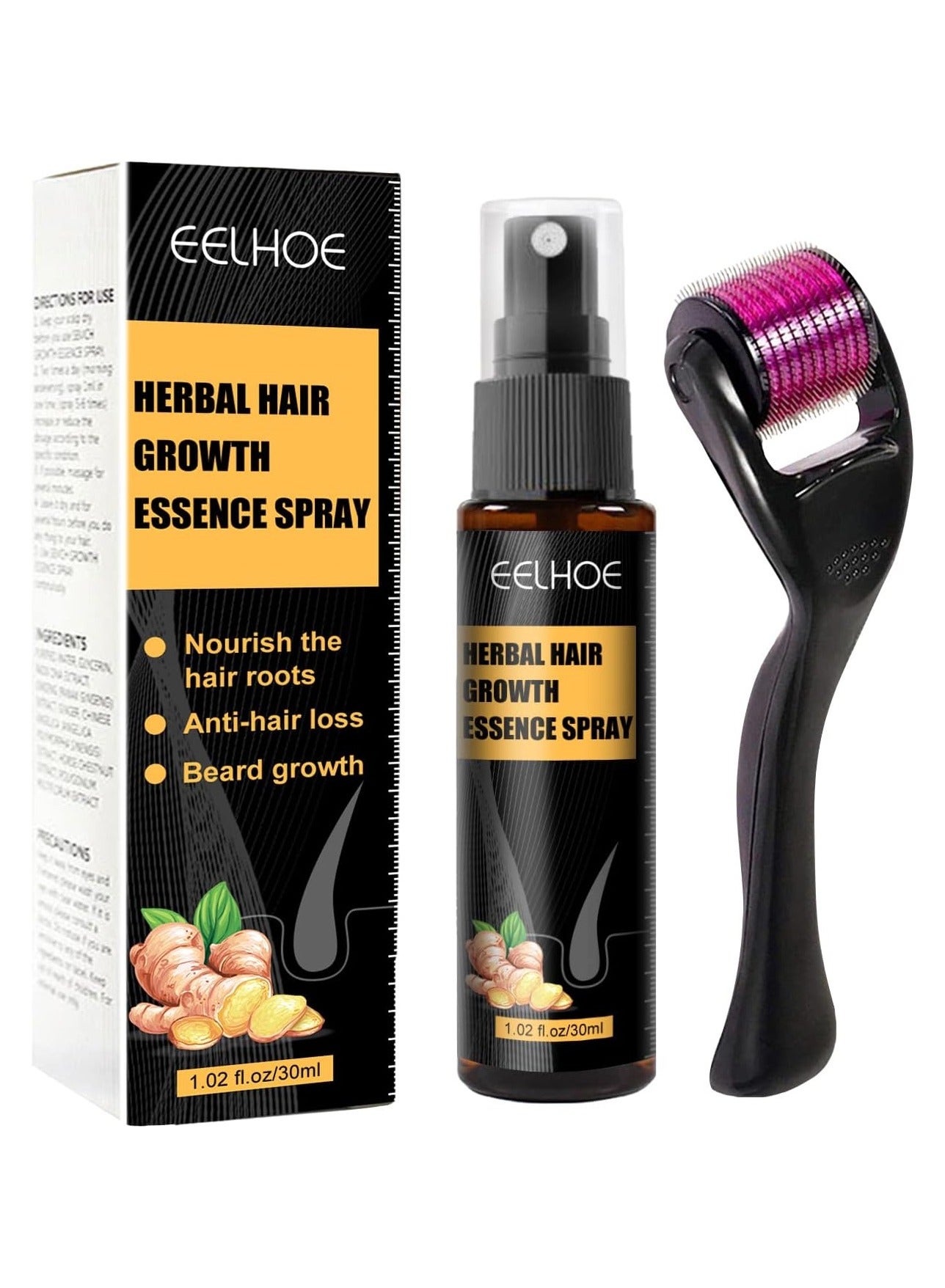 Eelhoe Hair Growth Essence Hair Loss Treatment Tonic Hair Loss Treatment Hair Treatment For Hair Dense Hair Regrowth Serum Prevent Hair Dry Frizzy Hair Beard Fast Growth Roller Thick Hair Kit Head Massage Roller Essence Easy To Carry For Men & Women(30ml)