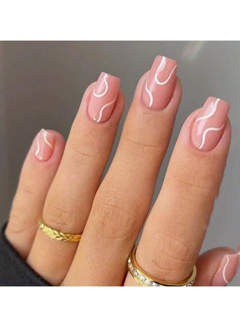 24pcs Pink Press On Nails, Medium Square Fake Nails With French White Stripe Design, Glossy Full Cover False Nails For Women And Girls