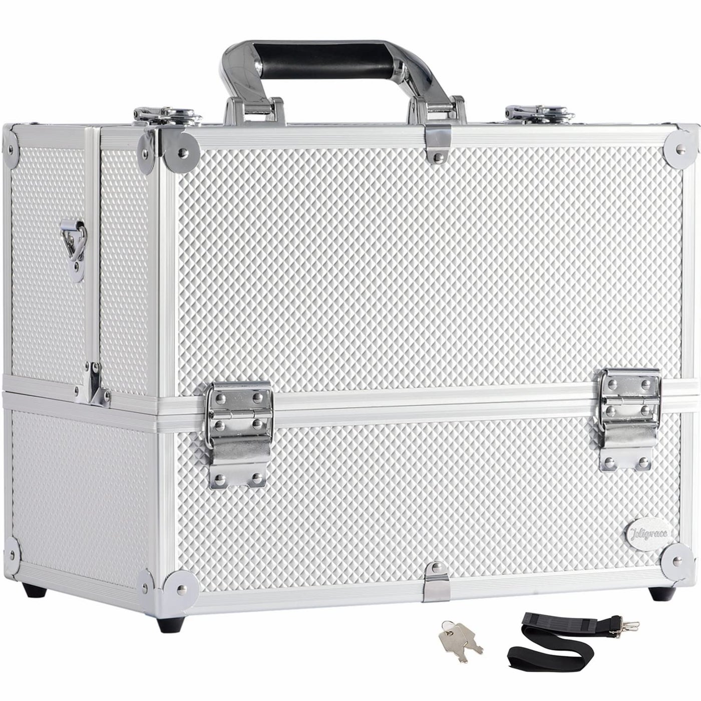 Joligrace Extra Large Makeup Train Case 6 Tray Make Up Artists Organizer Box Lockable Cosmetic Jewelry Toiletries Carrier Crafters Tool Cases with Adjustable Dividers & Shoulder Strap - Silver