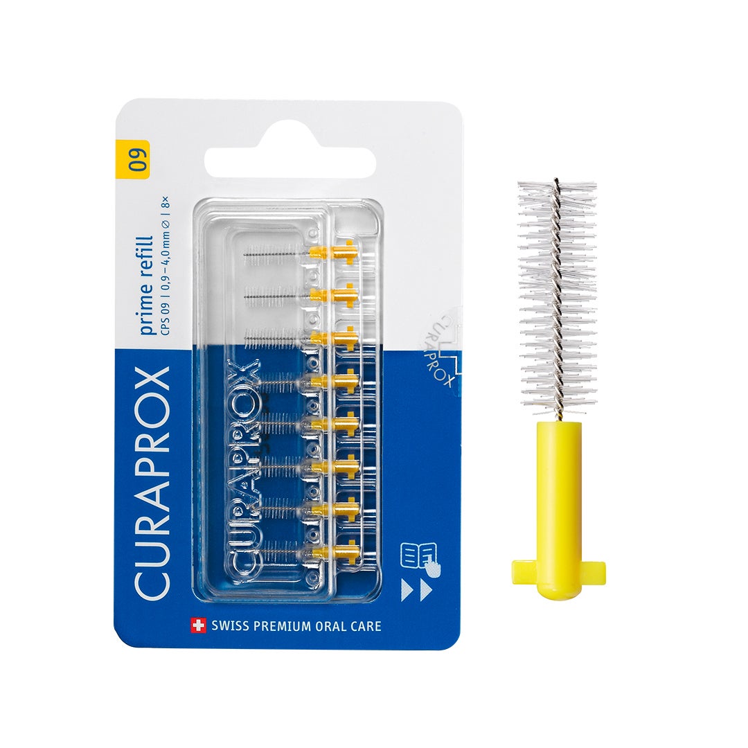 CPS Prime 09 Interdental Brush Refills | 8 Ultra-Fine Brushes (0.9mm - 4mm) for Effective Cleaning, Gentle on Gums, Yellow Pack