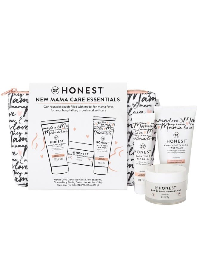 New Mama Care Essentials Gift Set | Hospital Bag Must Haves | Travel Size Nip Balm (0.5 oz), Glow On Body Cream (1 oz), Gotta Glow Face Wash (1.75 fl oz), Reusable Pouch
