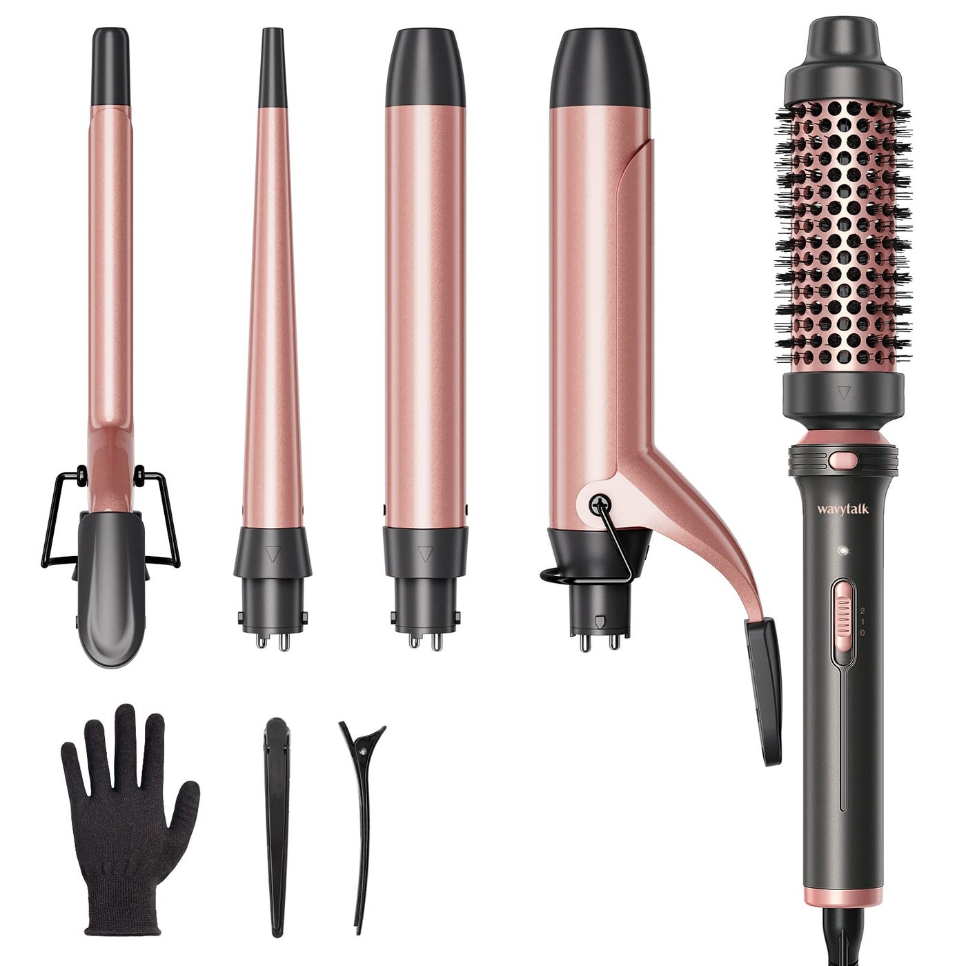Wavytalk 5 in 1 Curling Iron Set with Curling Brush and 4 Interchangeable Ceramic Curling Wand (0.35"-1.25â€), Wand Curling Iron Instant Heat Up, Dual Voltage Hair Curler