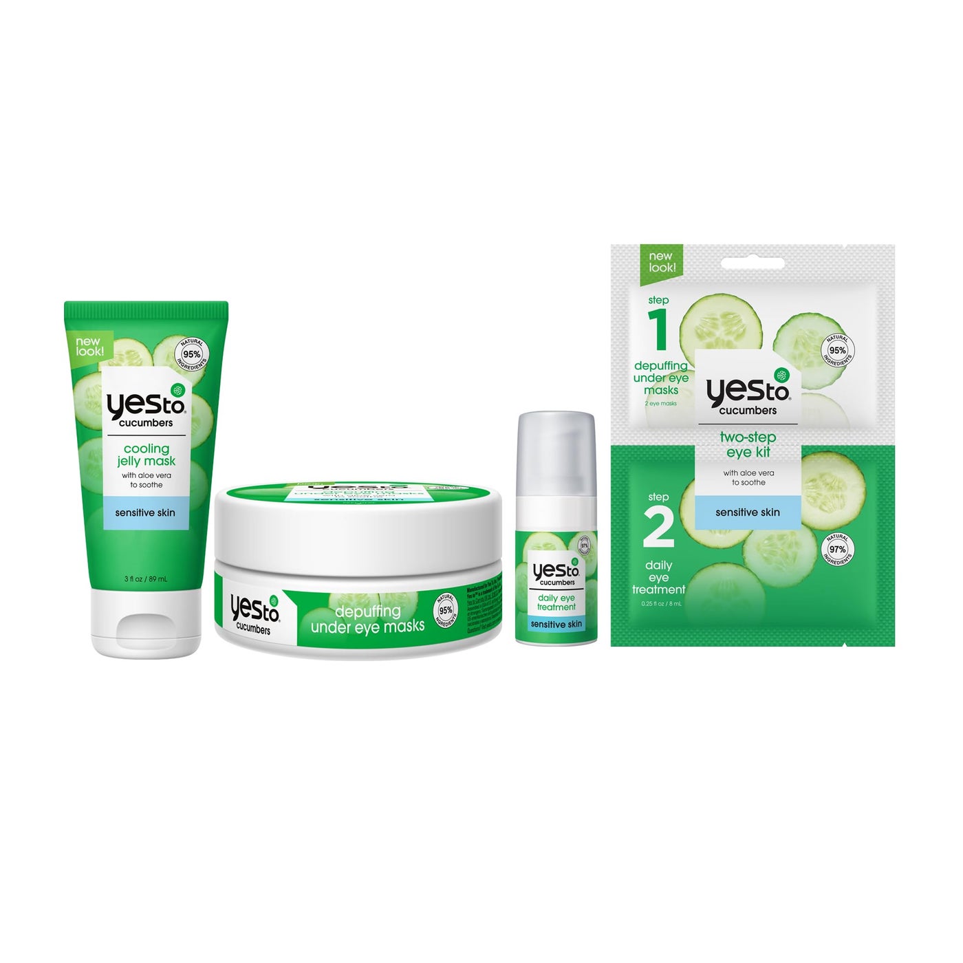 Yes To Cucumbers Sensitive Skin Set â€“ Cooling Jelly Mask, Depuffing Under Eye Masks, Two-Step Eye Kit,