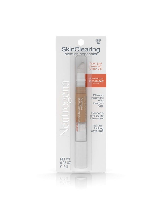 SkinClearing Blemish Concealer Face Makeup with Salicylic Acid Acne Medicine, Non-Comedogenic and Oil-Free Concealer Helps Cover, Treat & Prevent Breakouts, Deep 20,.05 Oz