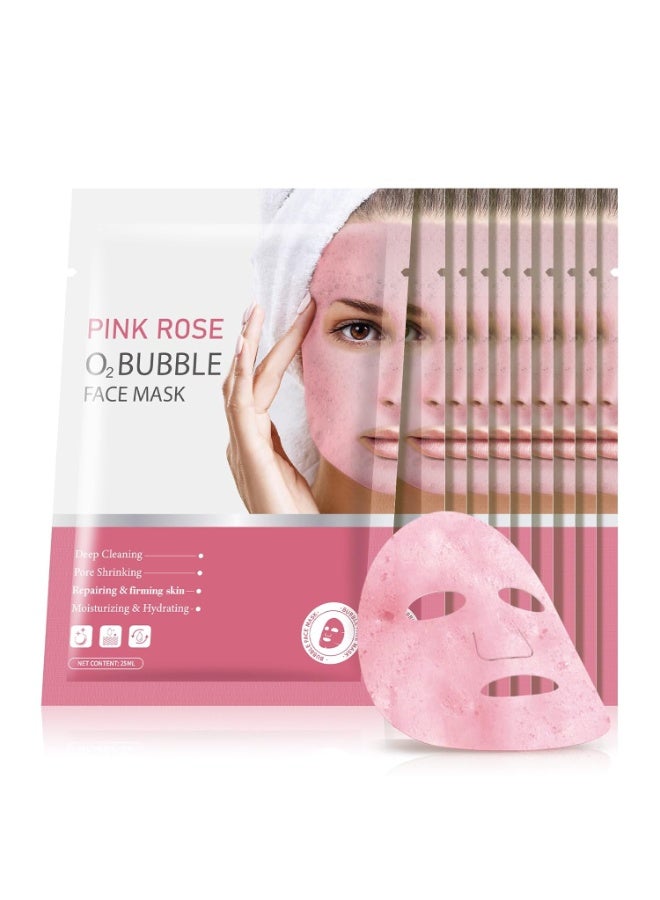 Pack of 10 Pink Rose O2 Bubble Face Masks Skincare, Spa Presents for Women, Bubble Face Sheet Mask Cleaner Foaming Purifying Facial Mask for Acne and Pores Moisturizing Beauty Sheet Masks