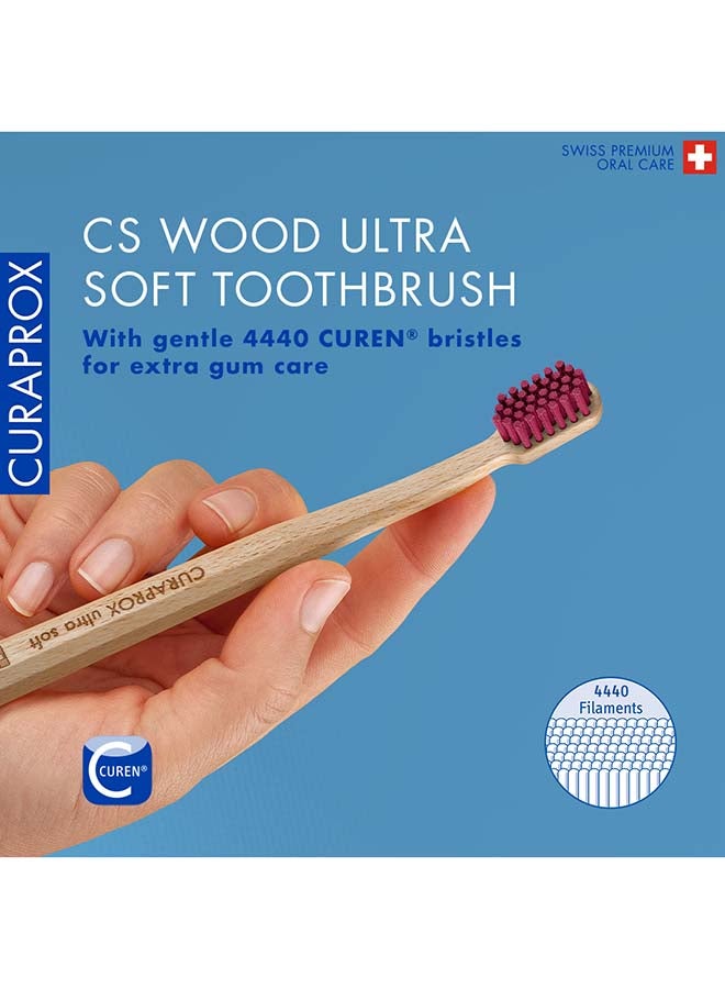 Cs Wood Ultra-Soft Toothbrush I 4440 Curen® Bristles For Healthier Teeth & Gums I Sustainable Beech Wood Handle I Gentle Cleaning For Adults, Single Pack - Assorted - image 2