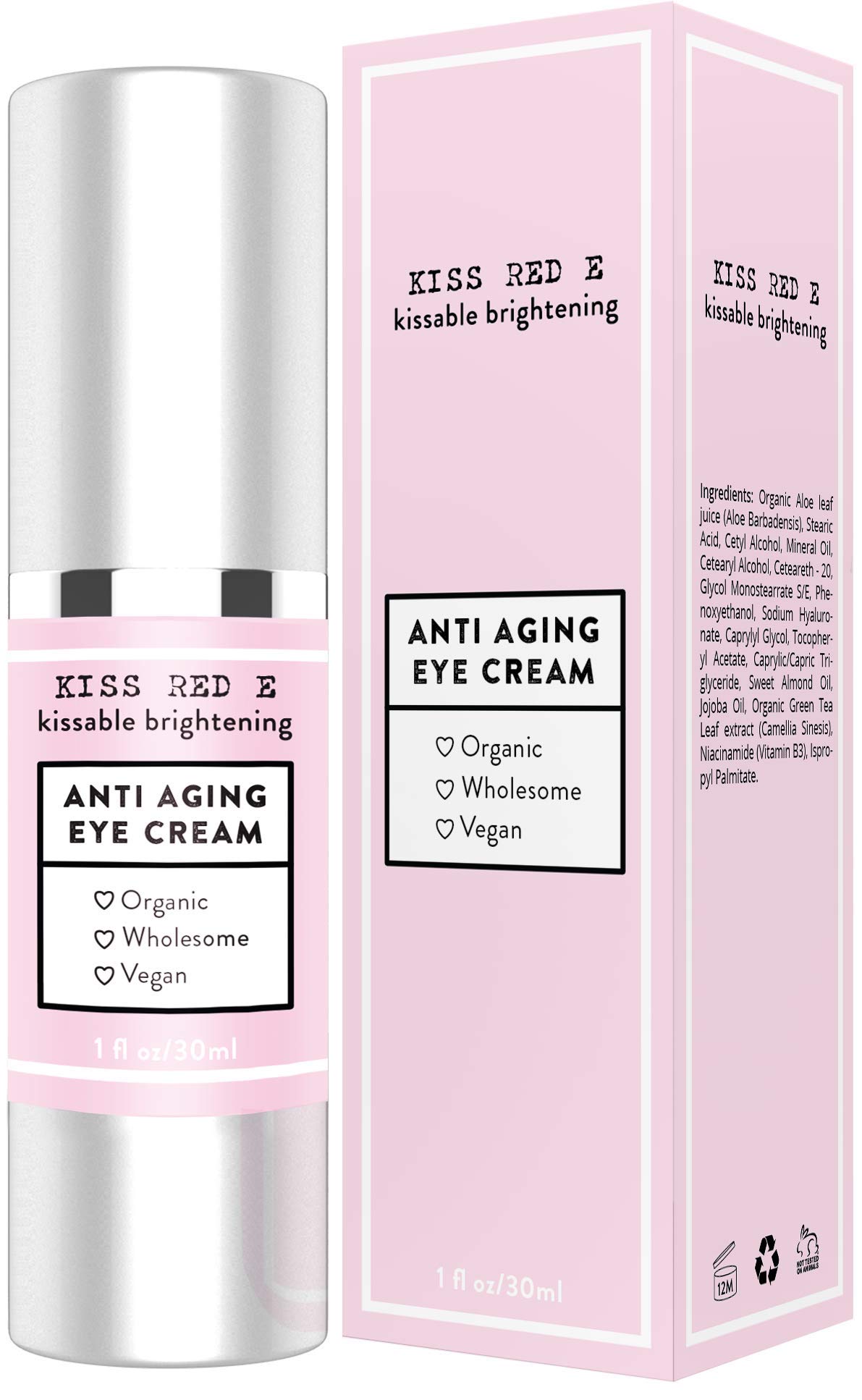 Kiss Red E Anti Aging Eye Cream for Women Men. Vegan Eye Cream for Dark Circles Puffiness Wrinkles 1 OZ 50 Days Supply