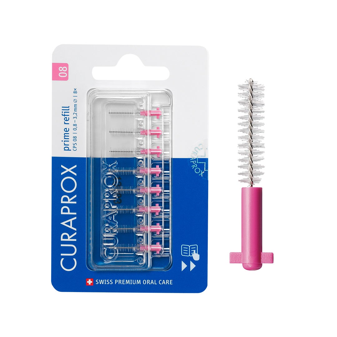 CPS Prime 08 Interdental Brush Refills | 8 Ultra-Fine Brushes (0.8mm) for Precise Plaque Removal, Gentle on Sensitive Gums, Pink Pack