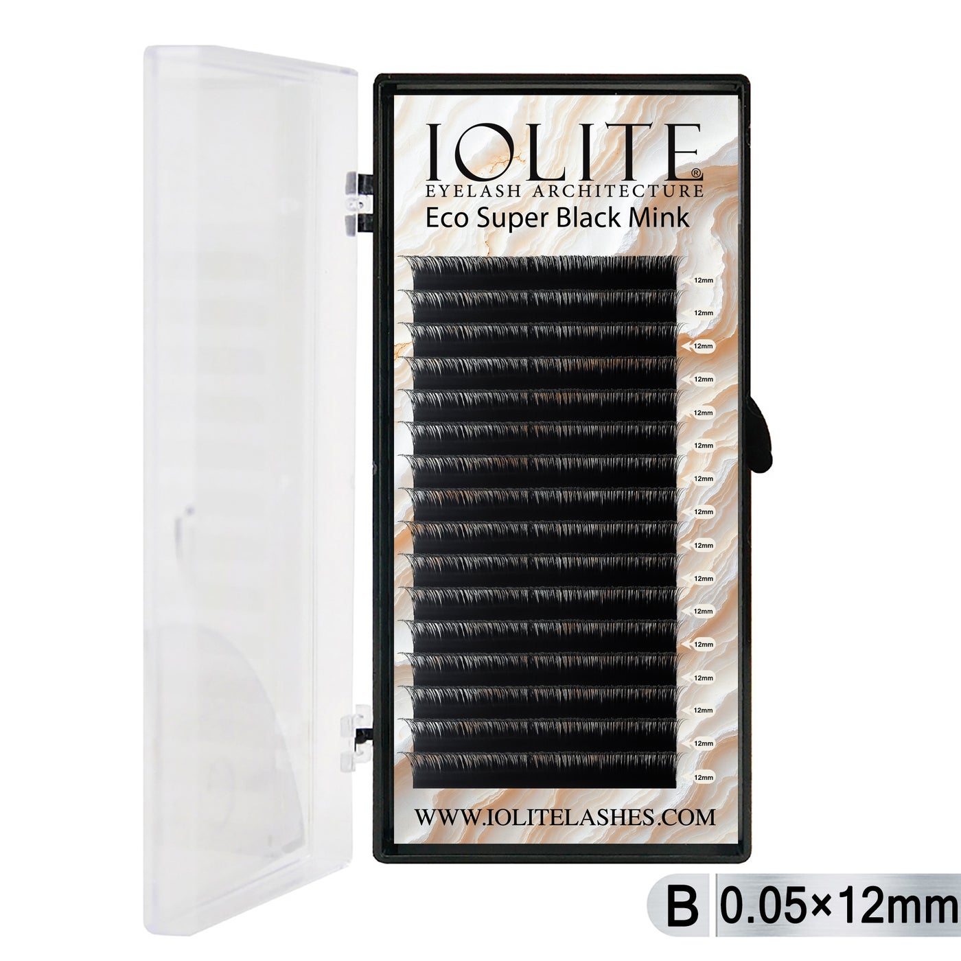 Iolite Super Black Mink Lash Extensions – B Curl 0.05T Mix (6mm–15mm) | Premium Black Mink Eyelash Extension Tray for Lash Artists ISBMB5T - 12MM