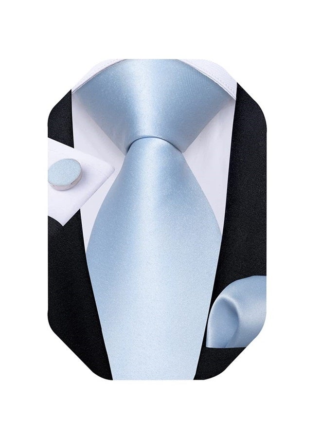 Light Blue Ties for Men Wedding Party Silk Solid Sky Blue Necktie and Pocket Square Cufflinks Set with Gift Box Mens Plain Satin Blue Ties