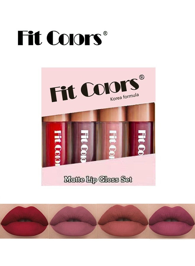 Lip Gloss Set-4PCS 4Colors Matte Liquid Lipstick Makeup Set, Matte Velvety Long-Lasting Wear Non-Stick Cup Not Fade Waterproof Lip Gloss(#02)
