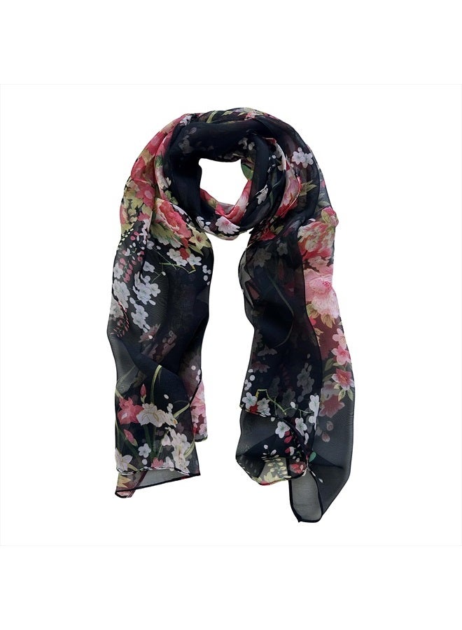 Wrapables Lightweight Sheer Silky Feeling Georgette Scarf, Bouquet on Black