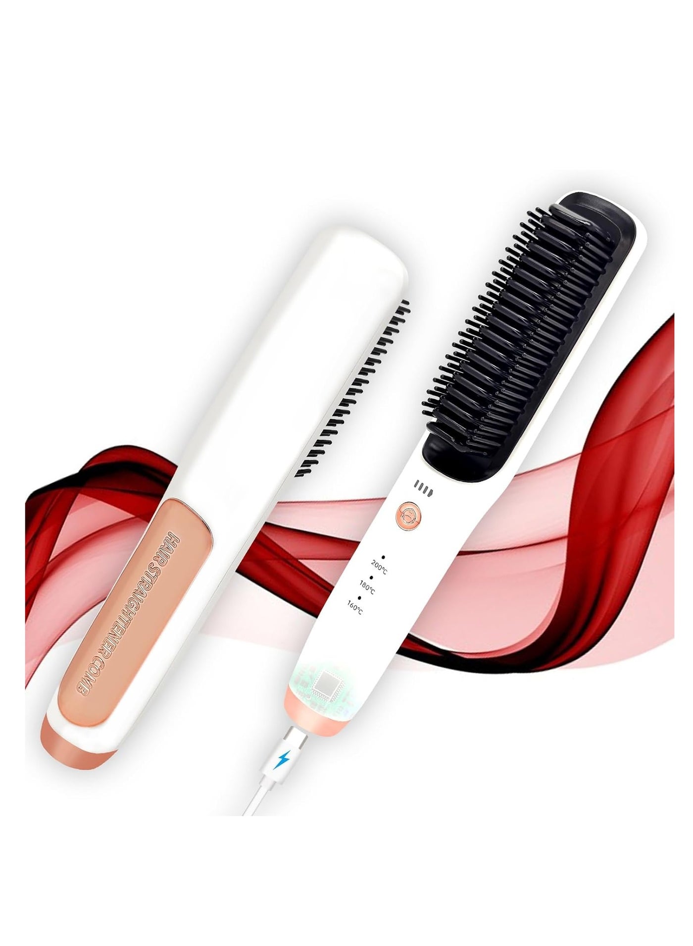 Cordless Hair Straightener Brush, Portable Straightening Brush, Long-Life Battery with USB-C Rechargeable, Anti-Scald, Portable for Travel, Hot Comb Hair Straightener for Women(Bright White)