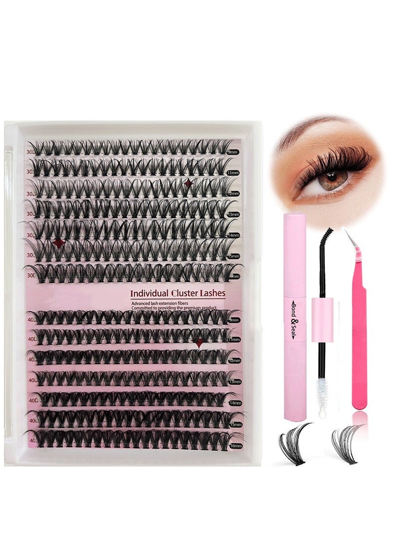 DIY Eyelash Extension Kit 280pcs Individual Lashes Cluster D Curl 9 to16mm Mix Lash Clusters with Lash Bond and Seal and Lash Applicator Tool for Self Application at Home 30D 40D 9 to 16MIX KIT