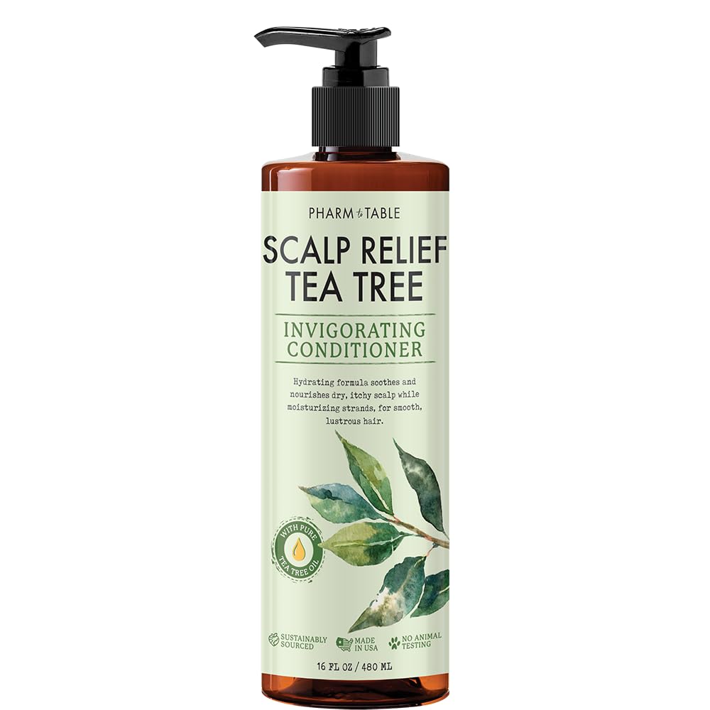 PHARM TO TABLE Tea Tree Conditioner For Men and Women, Hair Detangler and Soothing Scalp Relief - Infused with Tea Tree oil, Sunflower oil, Aloe and Argan oil, 16.2oz