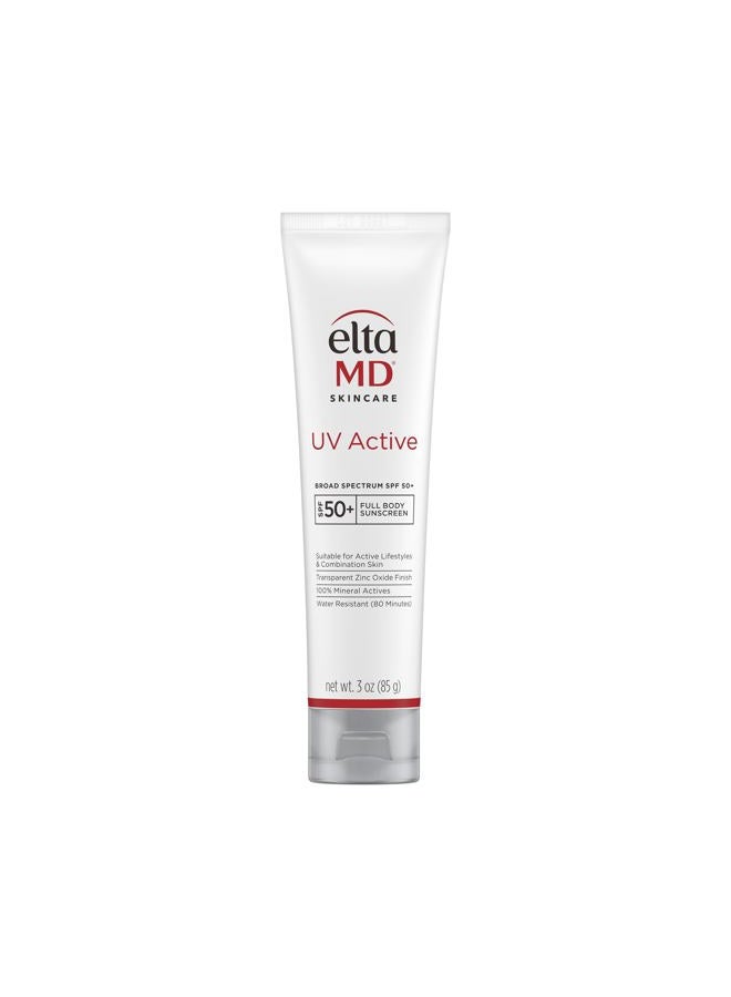 UV Active Mineral Sunscreen with Zinc Oxide, Water Resistant Sunscreen SPF 50+ Up to 80 Minutes, Oil Free SPF for Face and Body, 3.0 oz Tube