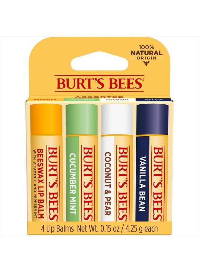 Lip Balm, Moisturizing Lip Care, 100% Natural, Sweet Sorbet - Original Beeswax, Cucumber Mint, Coconut & Pear, Vanilla (4 Pack)