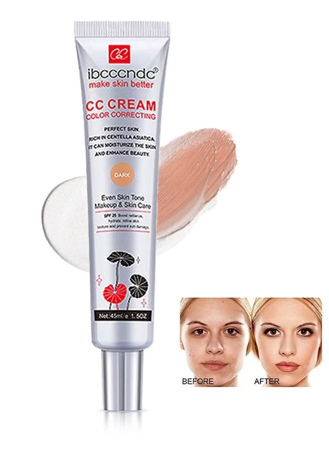 CC Cream Color Correcting with Centella 45ml, Multi-Purpose Skin Tone Adjusting CC Cream Concealer, SPF 25 Sunscreen Moisturizing Pre-Makeup Primer, Coverage Lightweight Foundation, Even Skin Tone (Dark)