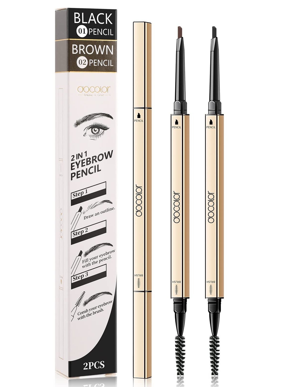 Makeup Micro Brow Pencil 2 Count, Definer Eyebrow Pencil, Dual-Sided, Ultra-Fine Mechanical Pencil, Soft Brown and Black