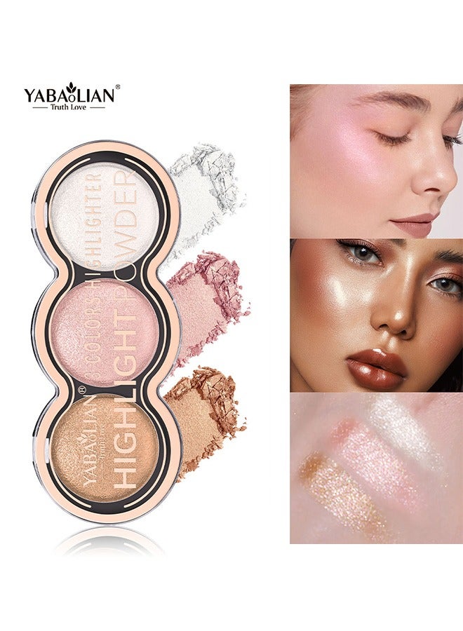 3 Colors Highlighter-Blush And Highlighter Palette, Metallic Shimmer Shadow Powder, Illuminator Makeup Set For Shading, Highlighting And Defining The Face, Long Lasting Highlighter Makeup