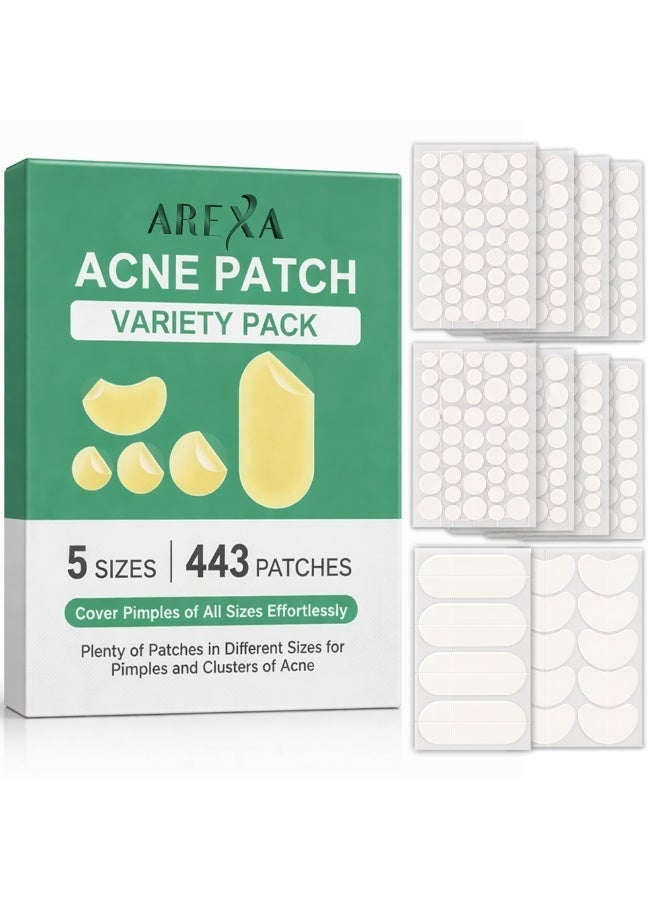 Variety Pimple Patches for Face, Different size Acne Patches 60 x 20 mm, Big Hydrocolloid Bandages for Body, Forehead, Chin, Neck Zit Breakouts, Hydrocolloid Patch (Strip, Contoured, Dot 5 Sizes 443Count)