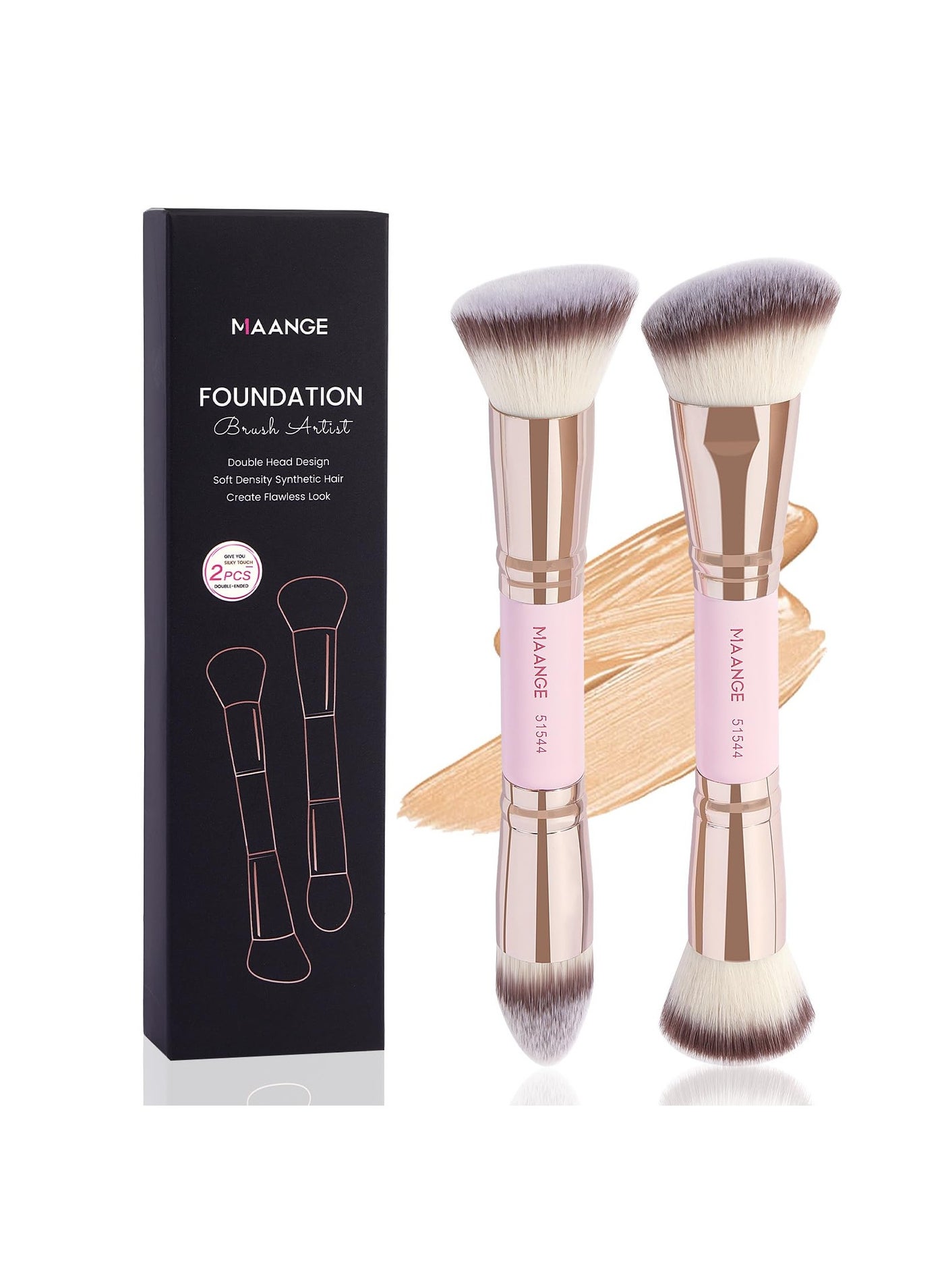 MAANGE Foundation Makeup Brushes, 2Pcs Premium Double-Ended Makeup Brush (Flat/Angled/Angled Round/Tapered Top) for Buffing Liquid, Cream, Powder, Blending Contour Face Brush