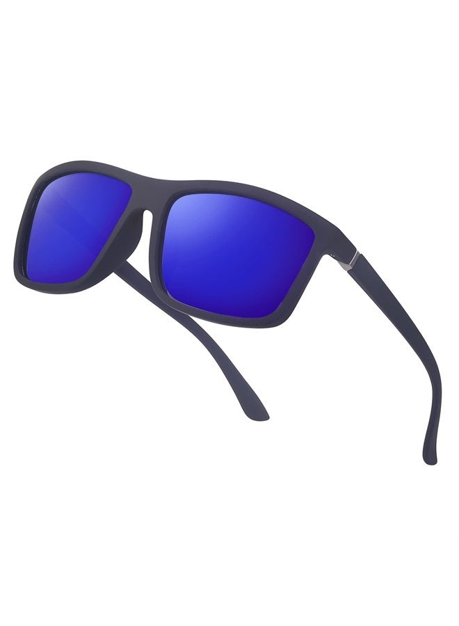 Square Polarized Sunglasses For Men Women UV400 Anti-UV Protection Spring Hinge Design Rectangular Lens For Driving Cycling Sports Wayfarer Outdoor Shades Sporting Glasses(MatteBlack/DeepBlue)