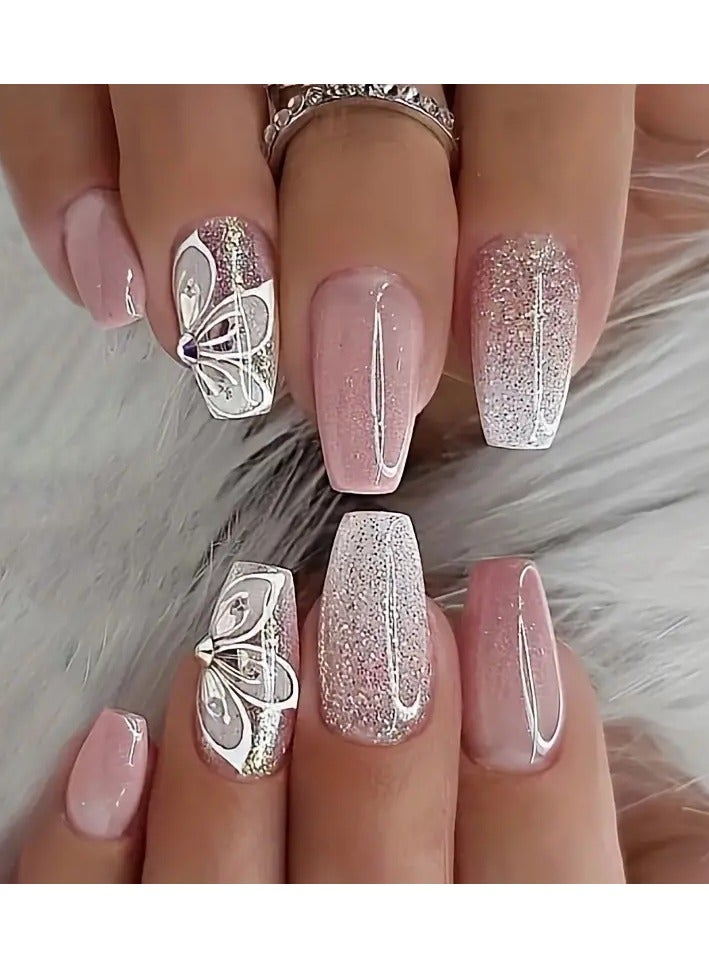 24pcs Pink White French Tip Press On Nails, Mid Squvoal Fake Nails Glossy Full Cover Butterfly And Glitter Powder Stick On Nails, Acrylic Nails For Women
