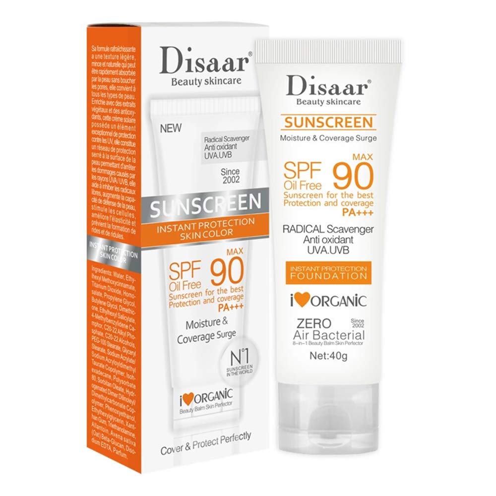 DISAAR BEAUTY Sunscreen SPF 90 PA+++, High Protection Oil-Free Sunblock with UVA/UVB Defense, Moisturizing and Lightweight Foundation Coverage, 40g (1.41oz)