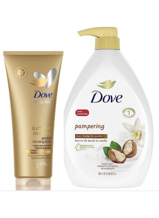 Dove Body Care Set – Summer Revived Gradual Tanning Lotion 200 ML + Shea Butter & Vanilla Pampering Body Wash 1000 ML