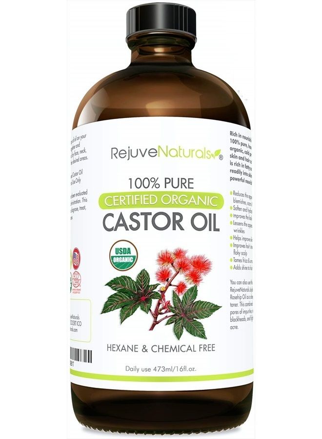 Organic Castor Oil (16oz Glass Bottle) USDA Certified Organic, 100% Pure, Cold Pressed, Hexane Free. Boost Hair Growth for Hair, Eyelashes & Eyebrows. Natural Dry Skin Moisturizer