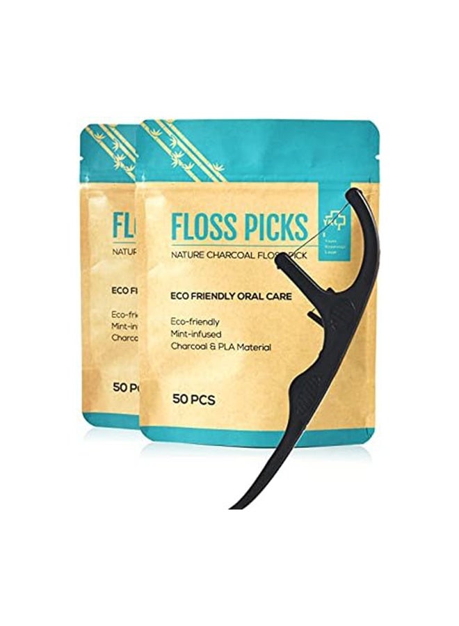 Y-Kelin Natural Dental Floss Picks - Vegan, Eco Friendly Black Bamboo Charcoal Dental Teeth Stick Tooth Pick Toothpick Flosser for Oral Care with a Fresh Feel Minty Flavor (100 Pcs)