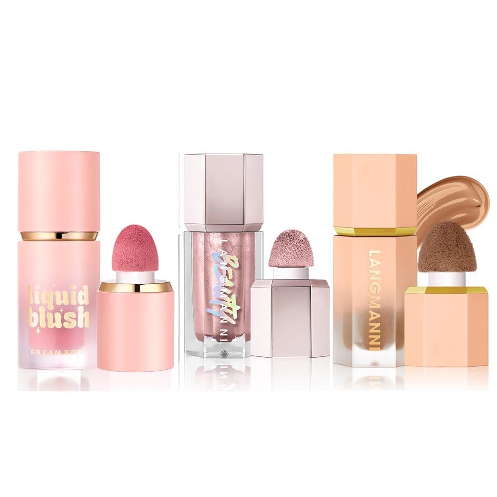 URQT Highly Pigmented Liquid Contour - Built-in Sponge Tip Sculpted Complexion Wand With Long Lasting Natural Buildable Highlighters and Bronzer (Contour+Blush+Highlighter)