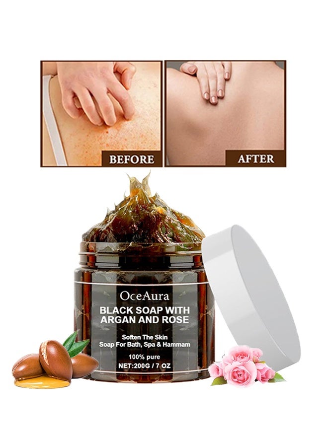 Black Soap with Argan and Rose, Soften The Skin, Soap For Bath, Spa & Hamman, Body Exfoliator Scrub,  Black Soap with Organic Argan,  Black Soap 200g