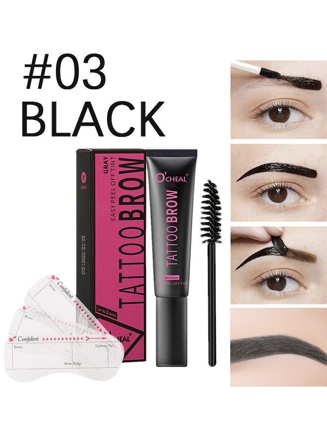 Tattoo Brow - Peel Off Tint Waterproof Sweatproof 3 Days Long Lasting Peel Off Tattoo Brow Gel Peel Off Tint Eyebrow Gel with Mascara Brush and Three Eyebrow Shapes Eyebrow Glue Black #03