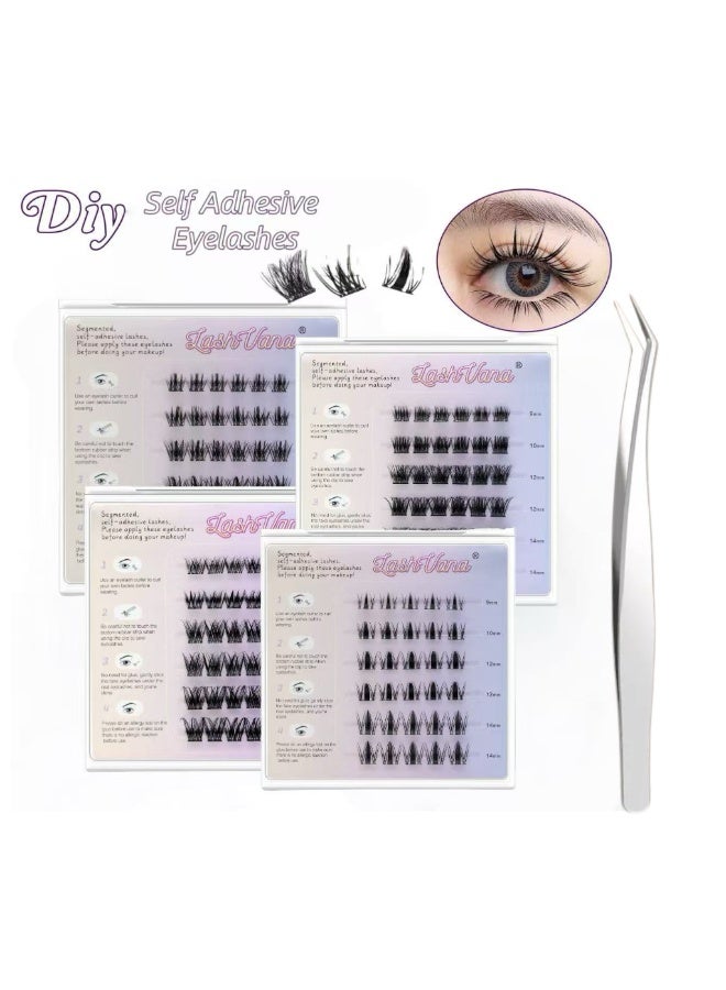 4 Sets Of Self Adhesive Eyelashes With Tweezers, 192pcs False Eyelashes,9-14mm Mixed Individual Lashes Cluster, No Glue Needed, Invisible 2-Strip Tape - Longer Lasting, No Sticky Residue Per Glued Eyelashes,Easy To Apply At Home.
