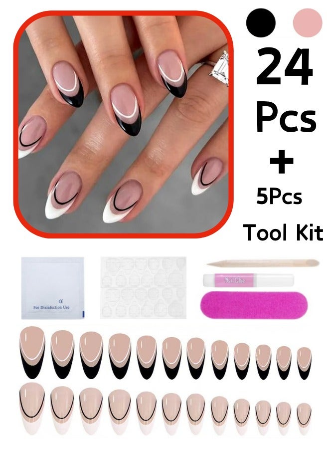 24Pcs False Nails+5 Pcs Tool Kit Impress Press-On False Nails Multicolor