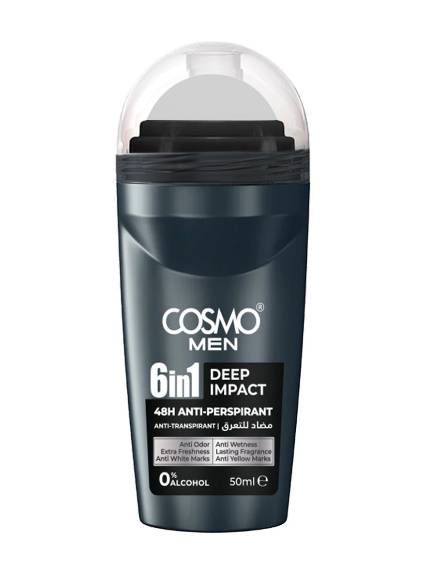 Cosmo Men Skin Care 6 In 1 Deep Impact Antiperspirant Roll On 50ml, 48H Protection, Anti-Transpirant, Alcohol Free