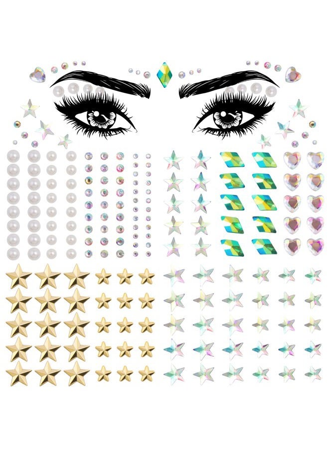 4 Sheets Star Face Eye Stickers, Star Jewelry Eye Body Sticker, Acrylic Crystal Face Gems, Festival Halloween Pearls Hearts Face Makeup Stickers, 4 Styles Rhinestone Tattoos for Women, Girls