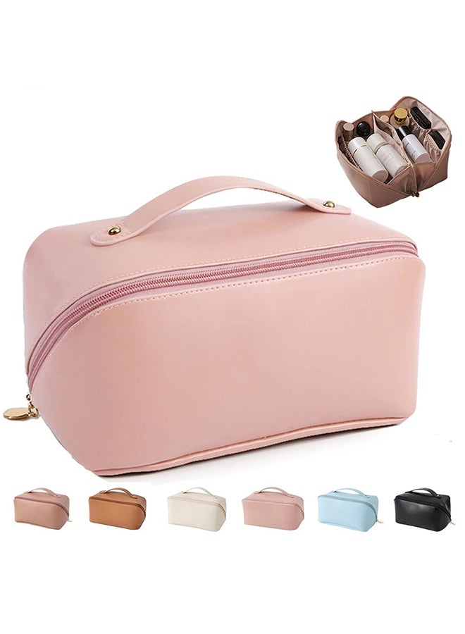 Travel Cosmetic Bag Large Capacity Cosmetic Bags for Women Multifunctional Storage Makeup Bag PU Leather Toiletry Bags - Pink