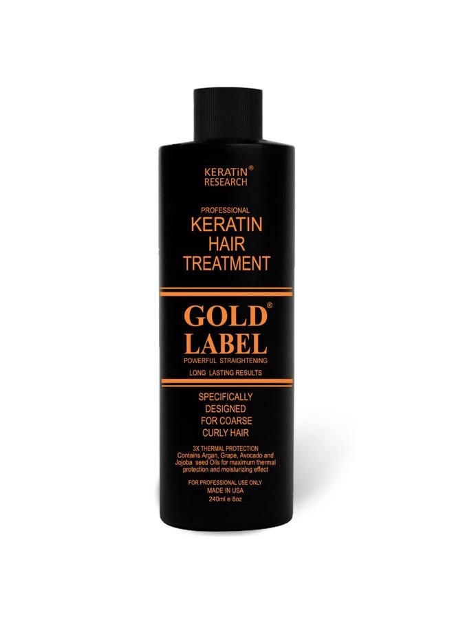 Gold Label Brazilian Keratin Hair Treatment Straightening works on All Hair Types Incl Coarse Thick Dry Frizzy Curly Bleached Dominican Brazilian Indian Strong formula Hair 240ml