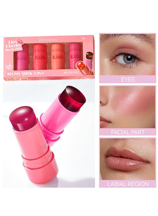 Lips Cheeks Blush Stick - Pack of 4 Milk Jelly Blush Stick, Multi Jelly Tint Blush Stick, Lip Tint Stain, Long Lasting Multi Use Makeup Blush Stick, Milk Jelly Blush Tint for Lips Cheek