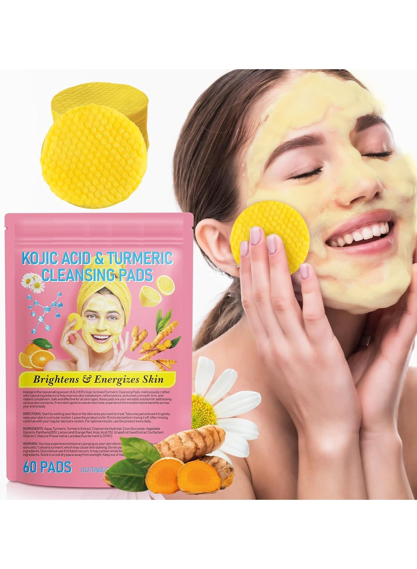 Turmeric Kojic Acid Pads, Turmeric Kojic Acid Cleansing Pads, Exfoliating Face and Body Pads