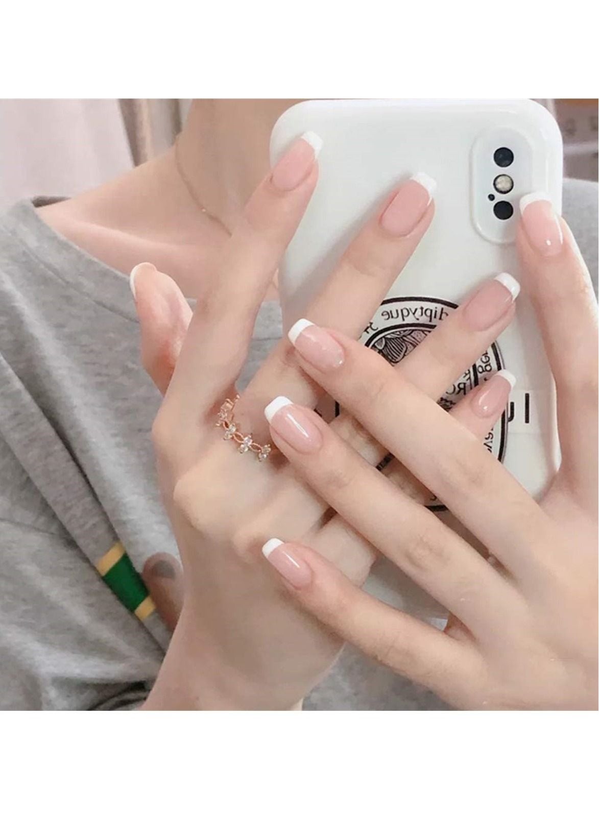 False Nails,24Pcs French Press on Nails Acrylic Full Cover Fake Nails Medium Length Glossy Nails Tips Sets Nude Color for Women and Girls