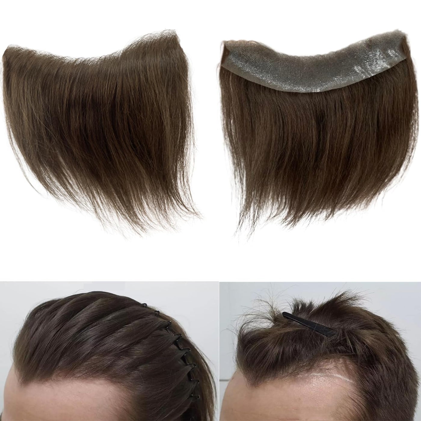 Voloria Men Forehead Hairline Toupee 100% Human Hair Skin PU Man Hairpieces Frontal Hair Topper for Receding Natural Hairline Replacement Systems (0.78x6.29INCH, #4 Medium Brown Color)
