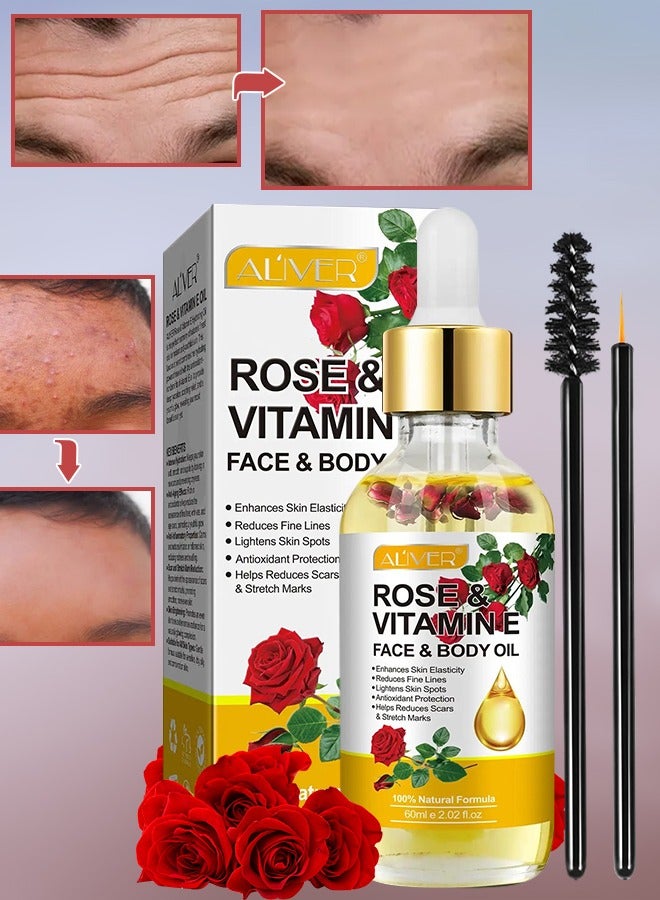 60ml Rose & Vitamin E Face & Body Oil 100% Natural Organic Rose Face Body Oil Reduce Fine Lines Lighten Skin Spots Antioxidant Reduce Scars & Stretch Marks Nourish Skin & Anti Aging