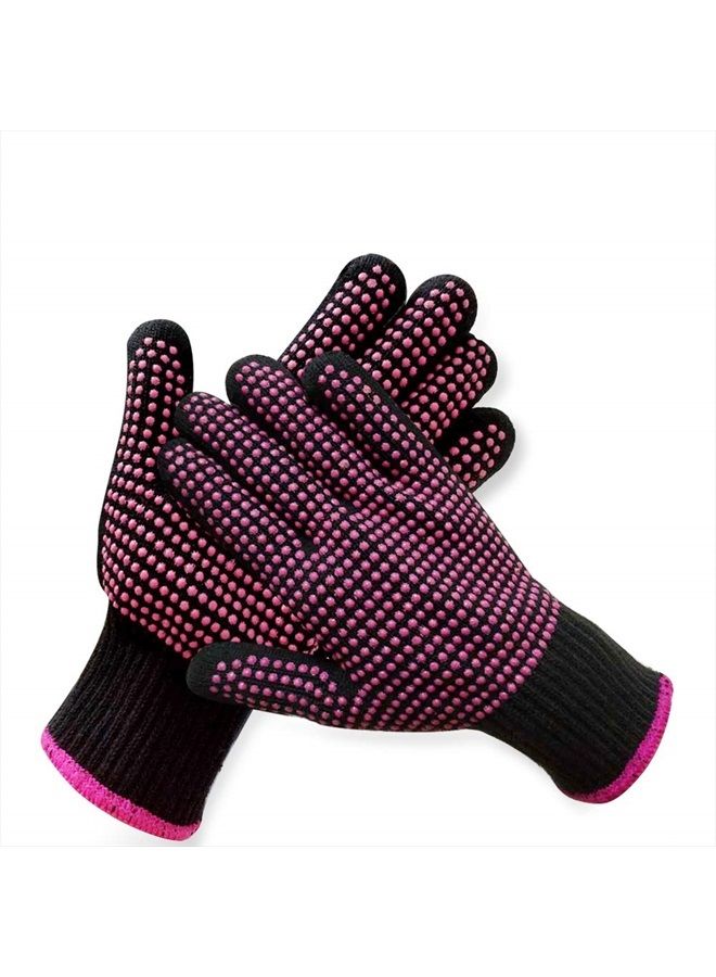 2 Pcs Professional Heat Resistant Glove for Hair Styling Heat Blocking Gloves for Curling, Flat Iron and Hair Styling Tools, Silicone Bump, Pink Edge
