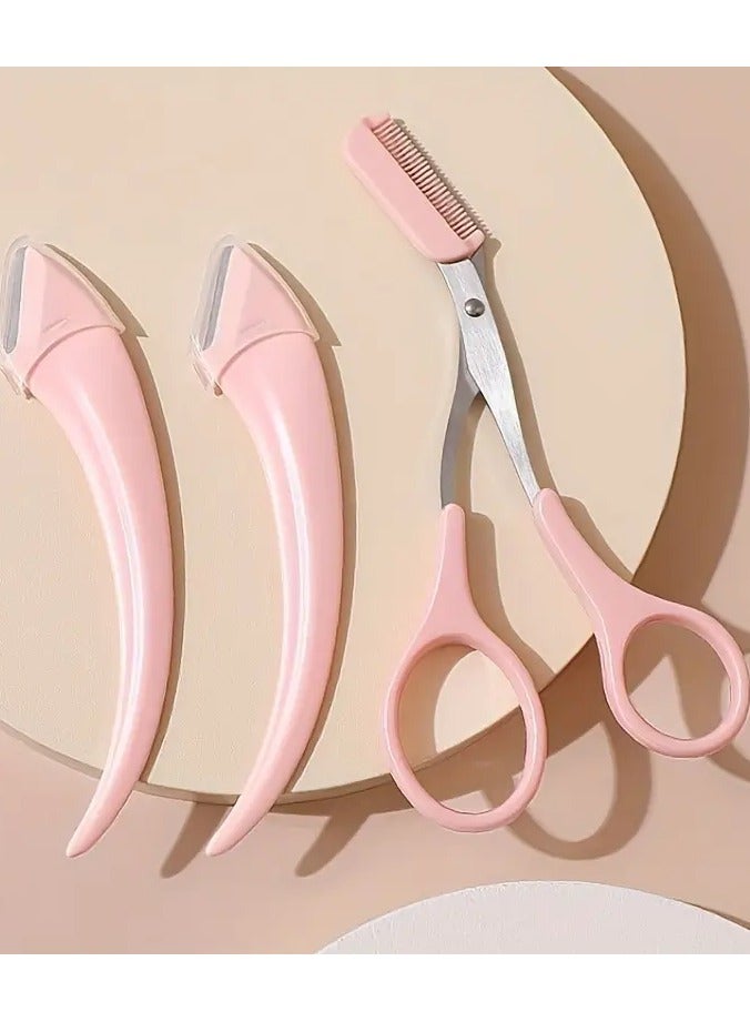 Eyebrow Trimmer Set Scissors With Comb Stainless Steel Razor Eyelash Hair Beginner Make Up Tool Removal Accessories For Men And Women, 3 Pcs