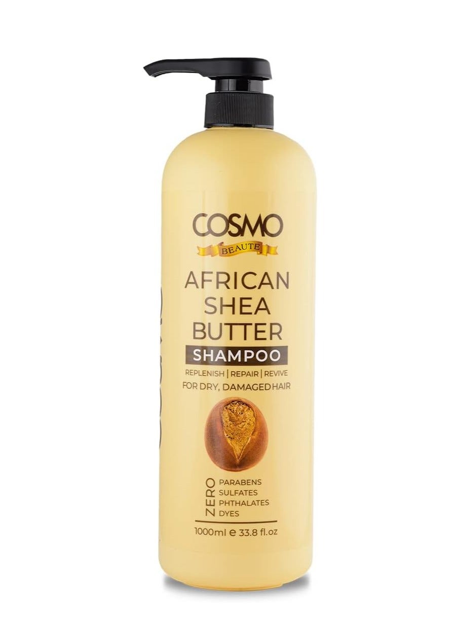 Cosmo Beauty African Shea Butter Shampoo For Dry & Damaged Hairs 1000ml, Shampoos, Replenish, Repair, Revive, Parabens Free, Sulfates Free, Phthalates Free, Dyes Free, Haircare, Men & Women